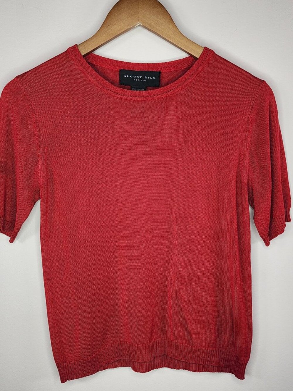 August Silk Petites 100% Silk Knit Top — Red, S Petite | Short Sleeve